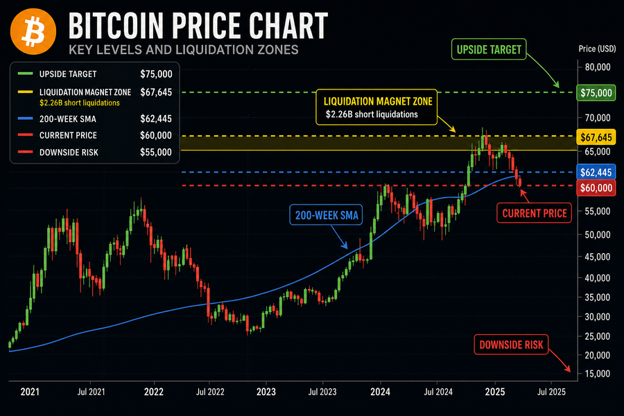 Bitcoin price chart showing $67,645 liquidation zone with $2.26 billion in shorts, $75,000 upside target, and $55,000 downside risk