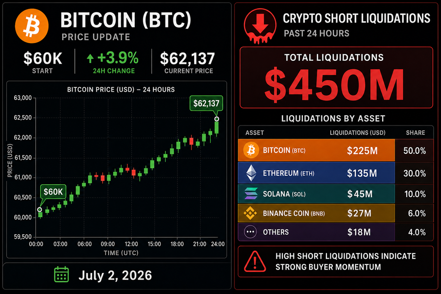 Infographic showing Bitcoin rally to $62,137 alongside $450 million in crypto short liquidations on July 2, 2026