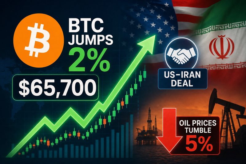 Bitcoin price chart showing rally alongside crude oil decline after US-Iran peace deal announcement