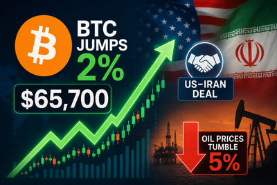 Bitcoin price chart showing rally alongside crude oil decline after US-Iran peace deal announcement