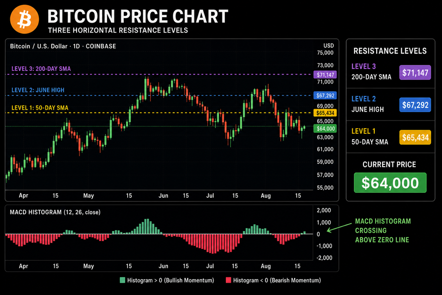 Bitcoin chart showing MACD histogram crossing bullish with three key resistance levels marked at $65,434, $67,292, and $71,147