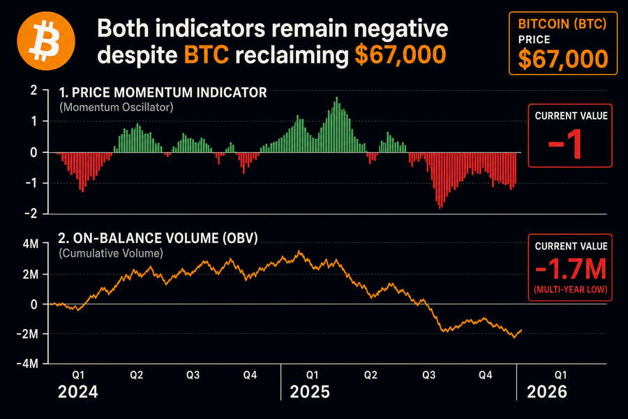 Chart showing Bitcoin price momentum at -1 and on-balance volume at -1.7 million, both at bear market lows