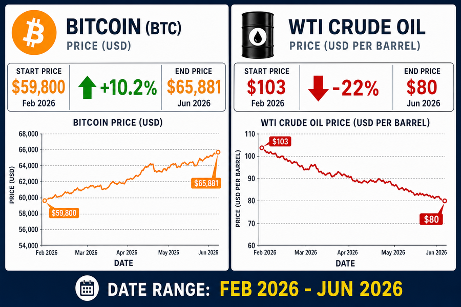Infographic showing Bitcoin rising 10.2% to $65,881 while WTI crude oil fell 22% to $80 since the Iran conflict began