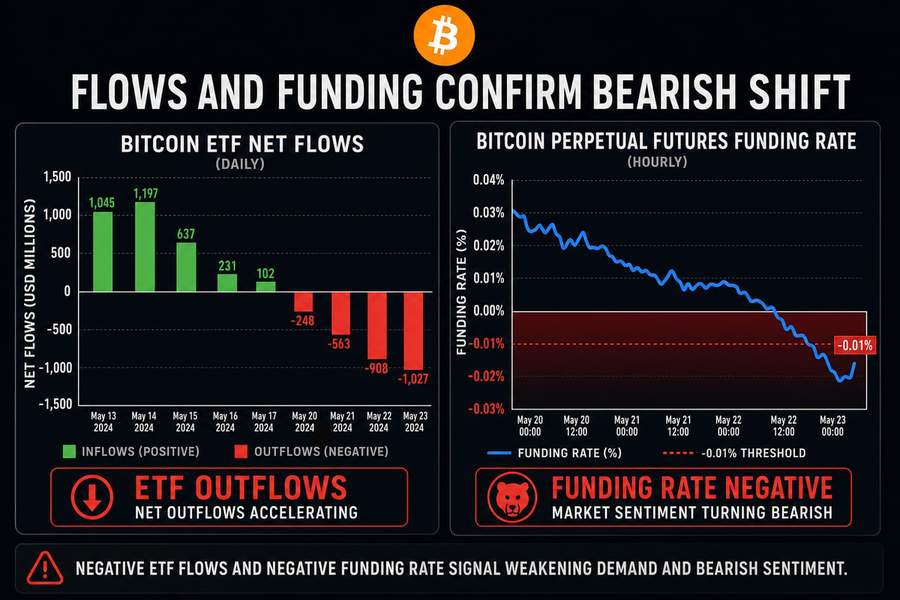 Chart showing Bitcoin ETF outflows and negative perpetual futures funding rates confirming bearish market shift