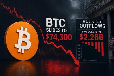 Bitcoin price chart showing decline to $74,300 alongside ETF outflow data