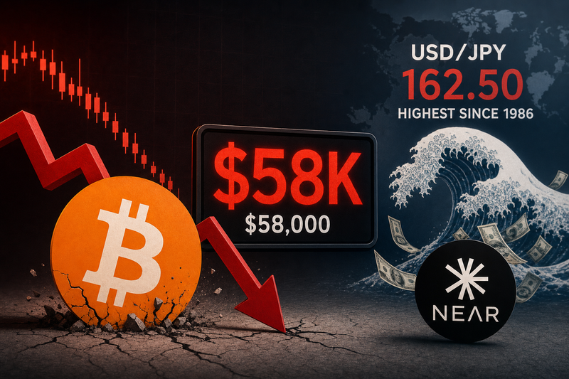 Bitcoin price chart showing decline toward $58,000 with USD/JPY strength indicator