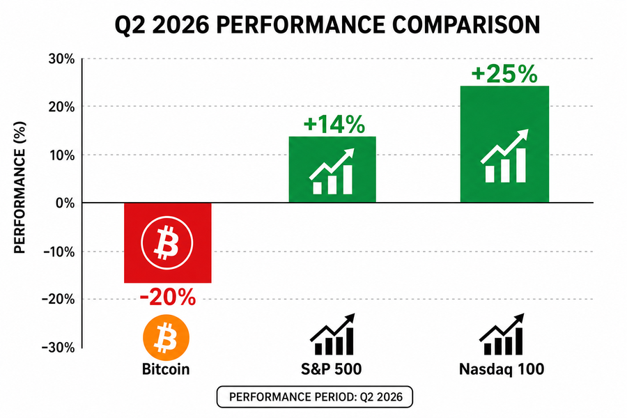 Q2 2026 performance comparison showing Bitcoin down 20% while S&P 500 gained 14% and Nasdaq 100 gained 25%