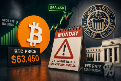 Bitcoin price chart showing weekend rally to $63,450 with Monday performance warning indicators