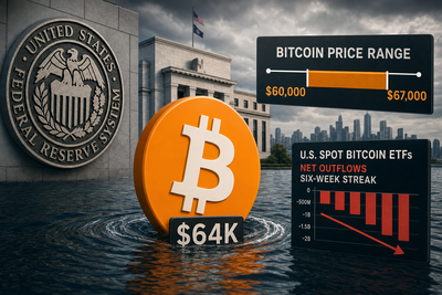 Bitcoin price chart showing range-bound trading near $64,000 with ETF outflow data