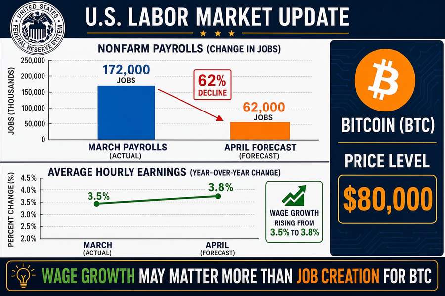 Infographic comparing March and April US payrolls data with wage growth trends and Bitcoin price context