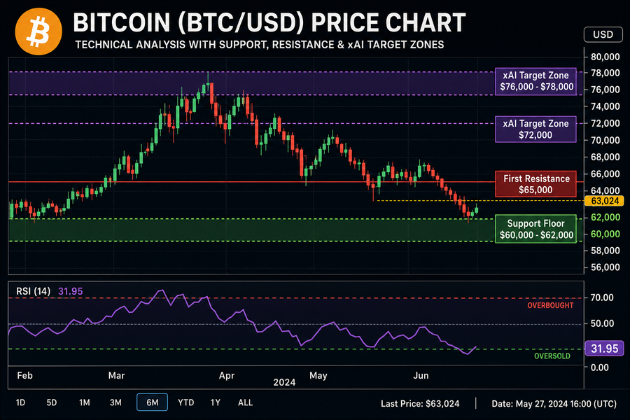 Bitcoin price chart showing xAI prediction zones with $60K support floor and $72-78K target range