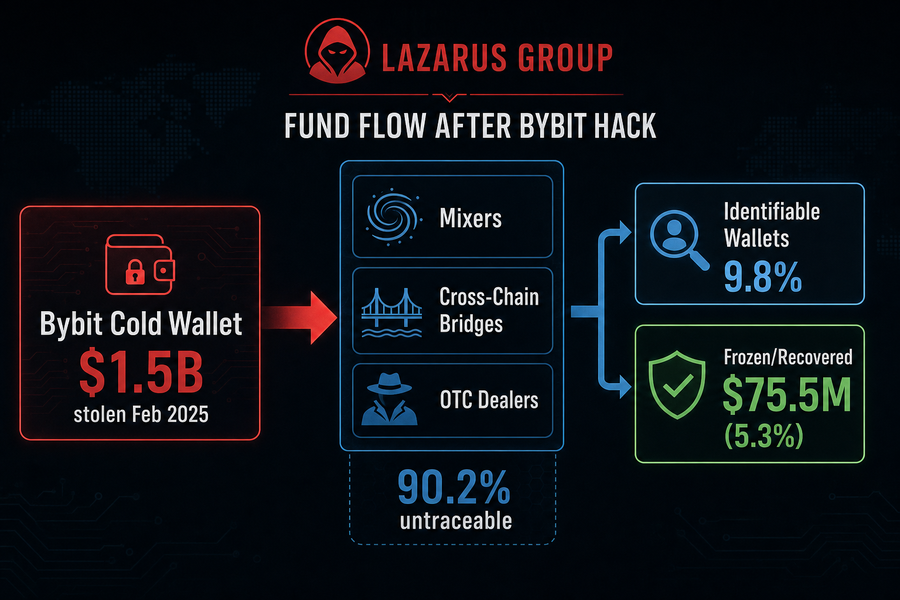 Diagram showing how Bybit’s $1.5 billion in stolen funds flowed through mixers and bridges, with 90% becoming untraceable