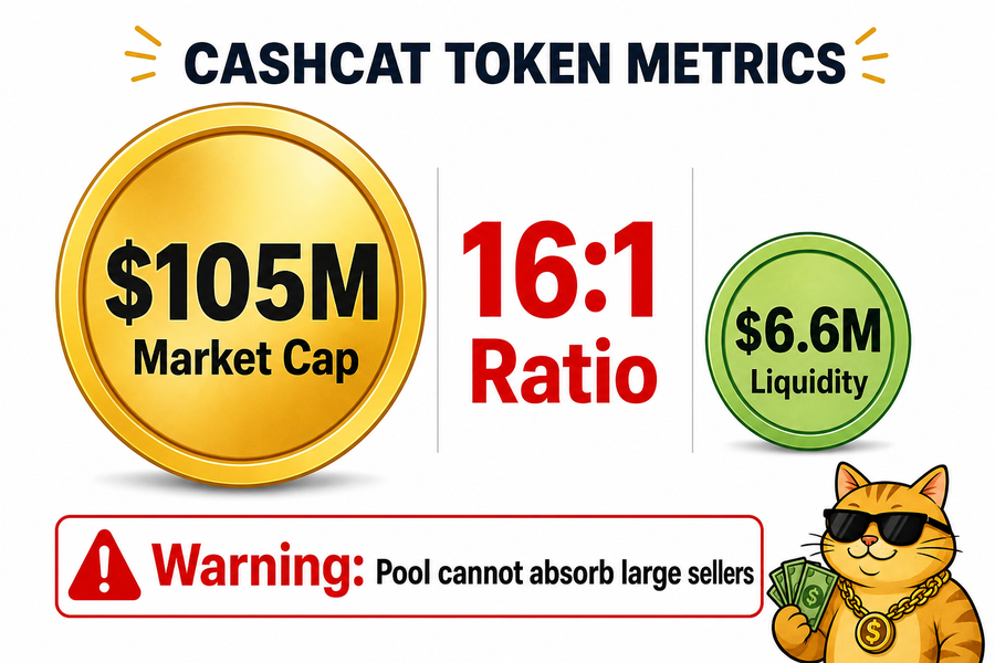 Infographic comparing CASHCAT&rsquo;s $105 million market cap against its $6.6 million liquidity pool, showing a dangerous 16:1 ratio