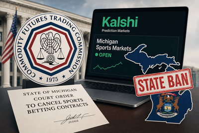 CFTC and Michigan state seals in opposing positions with Kalshi logo caught between them