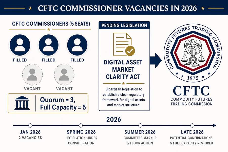 Timeline infographic showing CFTC commissioner vacancies and pending crypto market structure legislation in 2026