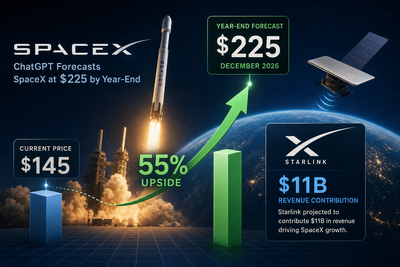 SpaceX stock price projection chart showing $145 current price and $225 year-end target