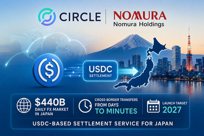 Circle and Nomura partnership diagram showing USDC-based foreign exchange settlement flow between Japan and global markets