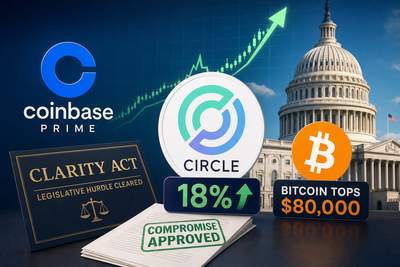 Circle stock chart showing 18% gain alongside Bitcoin crossing $80,000 with CLARITY Act legislative progress