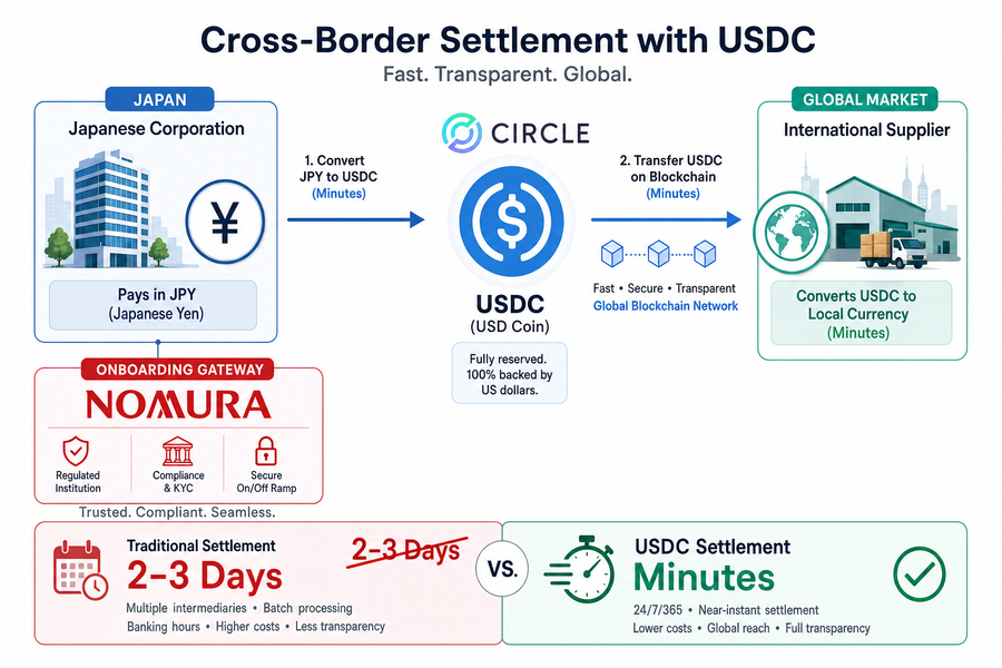 Diagram showing Circle and Nomura USDC settlement flow reducing cross-border transfer times from days to minutes