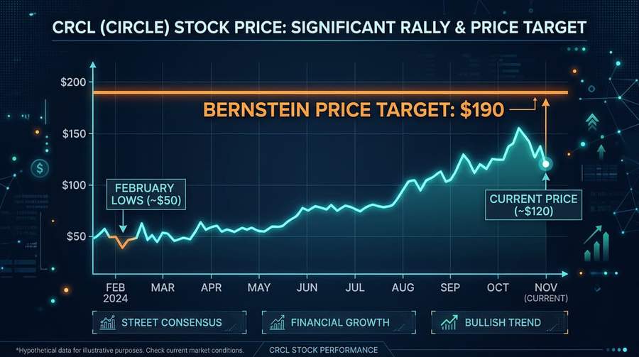 Circle CRCL stock price chart showing the rally from February lows to current levels with Bernstein price target