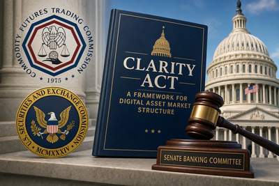 US Capitol building with CLARITY Act legislative text overlay and crypto symbols