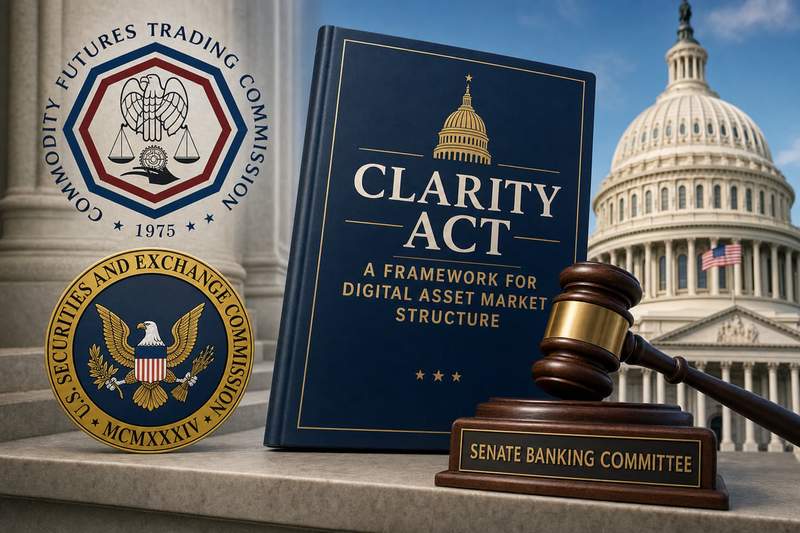 US Capitol building with CLARITY Act legislative text overlay and crypto symbols