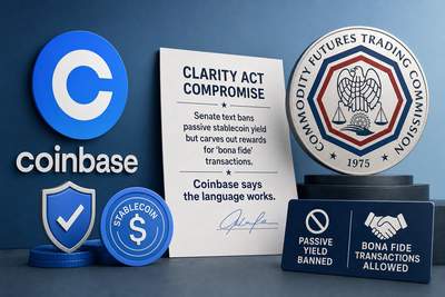 U.S. Capitol building with stablecoin tokens and regulatory documents in the foreground