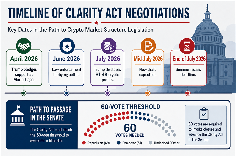 Timeline showing key dates in Clarity Act negotiations from April to July 2026, highlighting Trump disclosure and Senate deadline