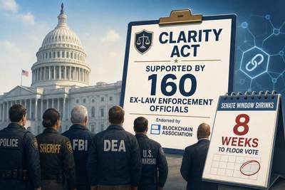 Capitol building with cryptocurrency symbols and law enforcement badges illustrating the CLARITY Act debate