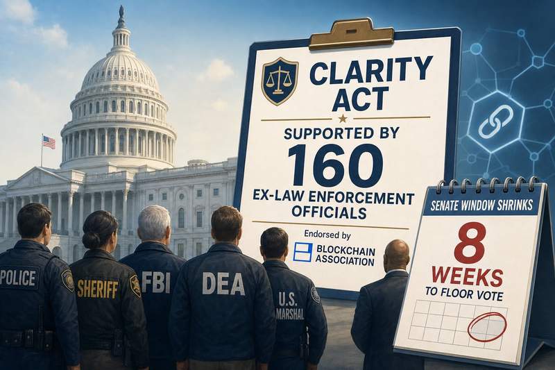 Capitol building with cryptocurrency symbols and law enforcement badges illustrating the CLARITY Act debate