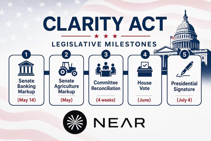 Timeline infographic showing proposed Clarity Act milestones from Senate markup to presidential signature by July 4