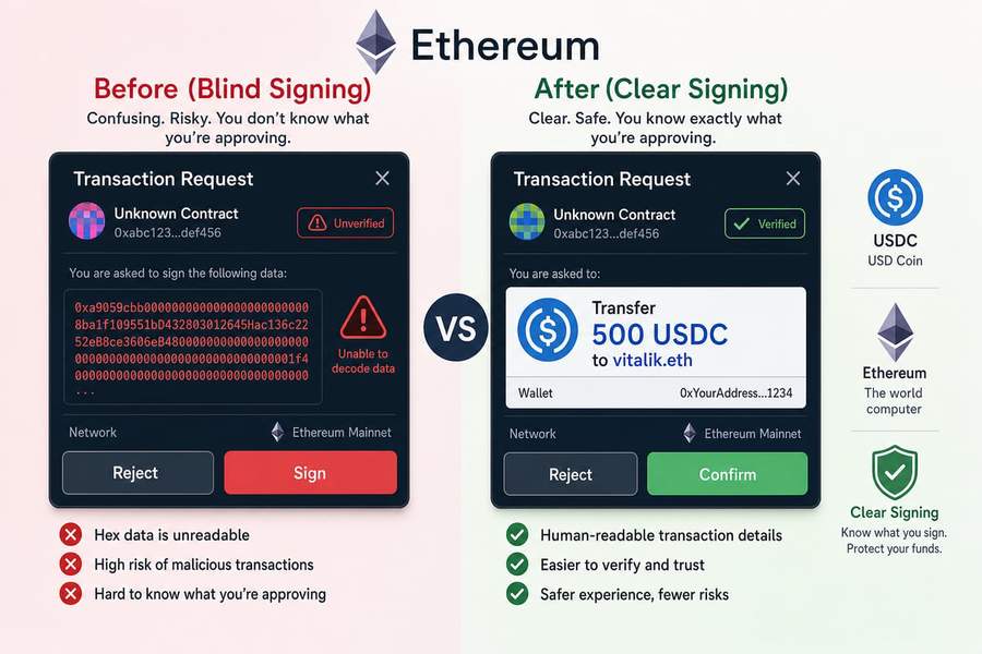 Comparison showing blind signing with hexadecimal code versus Clear Signing with human-readable transaction details
