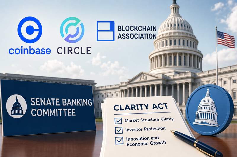 Coinbase and Circle logos with US Capitol building and CLARITY Act text overlay