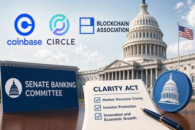 Coinbase and Circle logos with US Capitol building and CLARITY Act text overlay