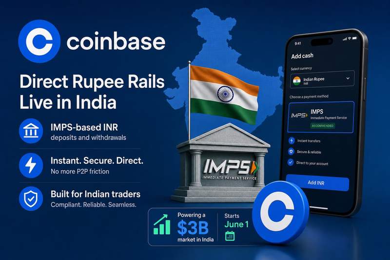 Coinbase logo alongside Indian rupee symbol and IMPS payment network graphic