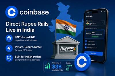 Coinbase logo alongside Indian rupee symbol and IMPS payment network graphic