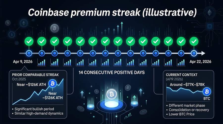 Streak context: positive premium window vs the prior long streak near BTC’s October 2025 highs (figures from this article; index data e.g. Coinglass)