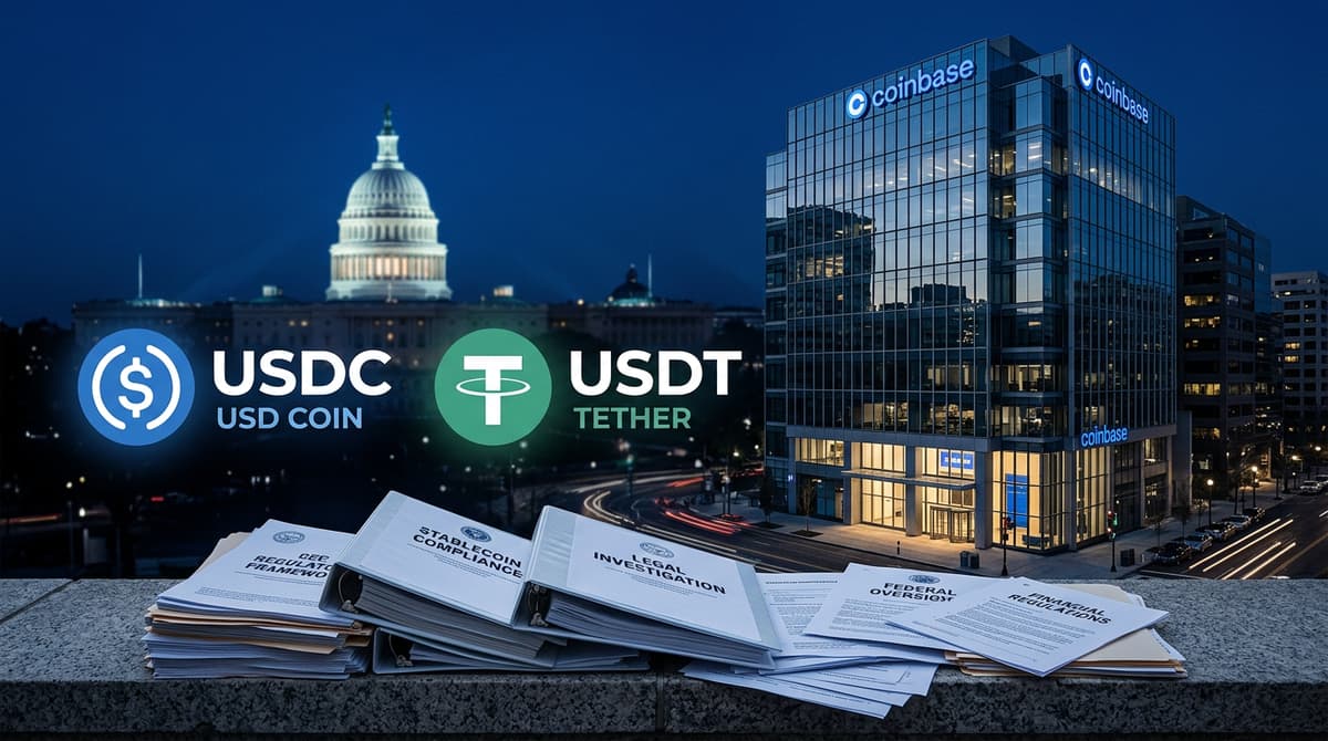 Coinbase headquarters with regulatory documents and stablecoin logos
