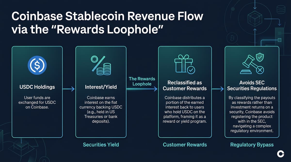 Diagram showing how Coinbase&rsquo;s stablecoin revenue flows through rewards loophole to avoid regulatory restrictions
