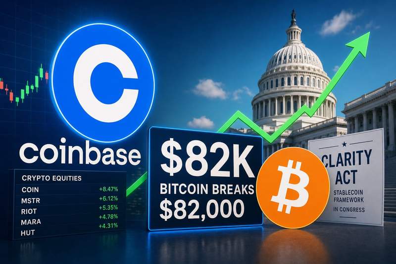 Bitcoin price chart breaking above $82,000 with Coinbase stock performance comparison
