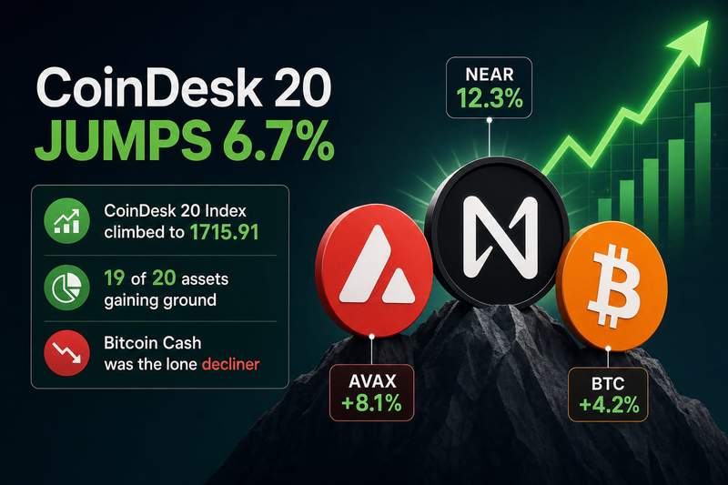 CoinDesk 20 Index performance chart showing NEAR and TAO leading gains while BCH declines
