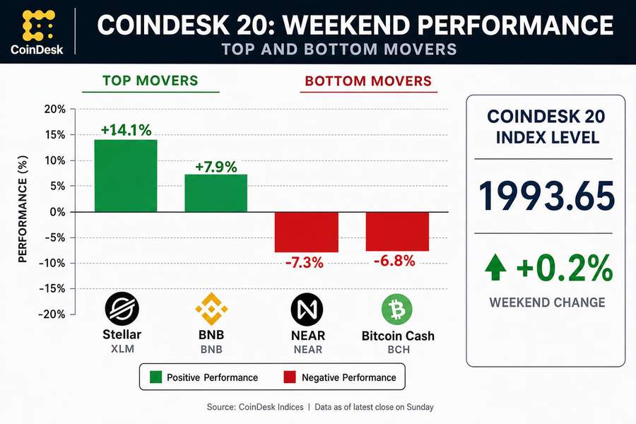 CoinDesk 20 index weekend performance chart showing Stellar and BNB gains versus NEAR and BCH losses