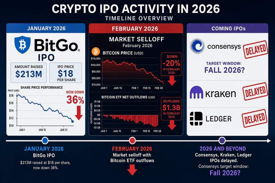 Timeline infographic showing 2026 crypto IPO delays including Consensys, Kraken, and Ledger following February market selloff