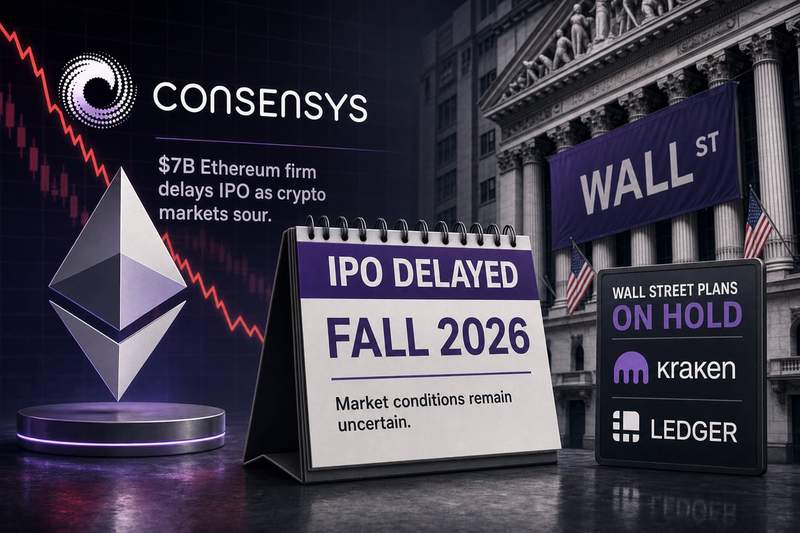 Consensys IPO delay visualization showing market conditions impact on crypto public offerings in 2026
