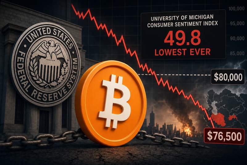 Bitcoin price chart showing pullback from $79,000 to $76,500 with consumer sentiment data overlay
