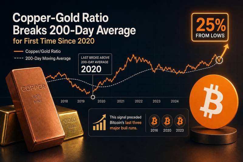 Copper to gold ratio chart showing breakout above 200-day moving average with Bitcoin correlation data