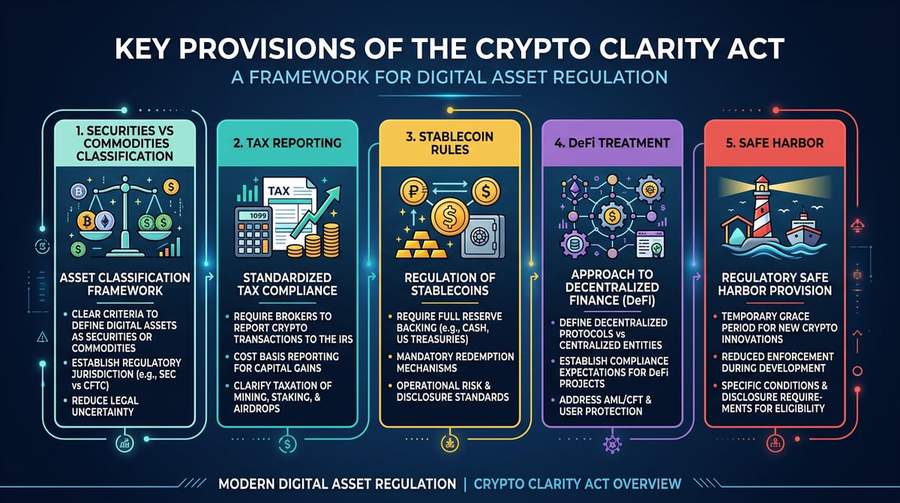Diagram showing five key provisions of the Crypto Clarity Act