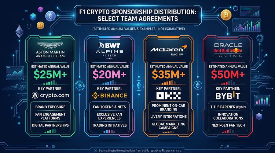 Infographic showing F1 crypto sponsorship distribution across teams