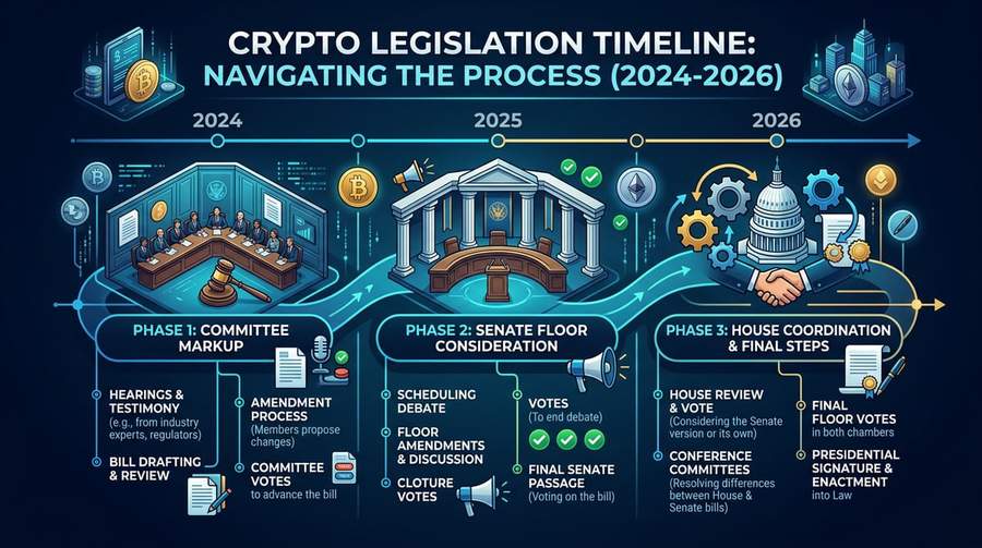 Timeline showing cryptocurrency legislation process through 2026