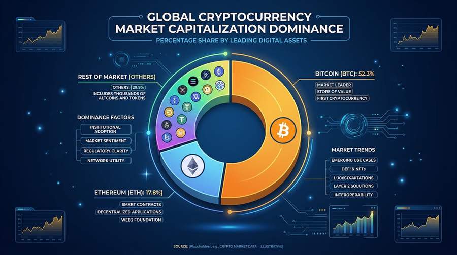 Cryptocurrency market capitalization dominance chart showing Bitcoin at 52.3%